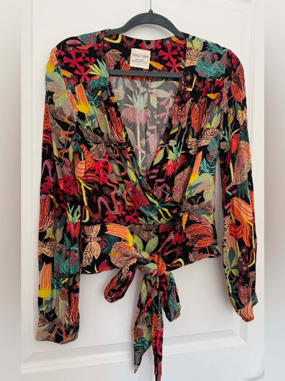 ANTHROPOLOGIE Michelle Morin Floral Wrap Blouse Vibrant Tropical Jungle Size S